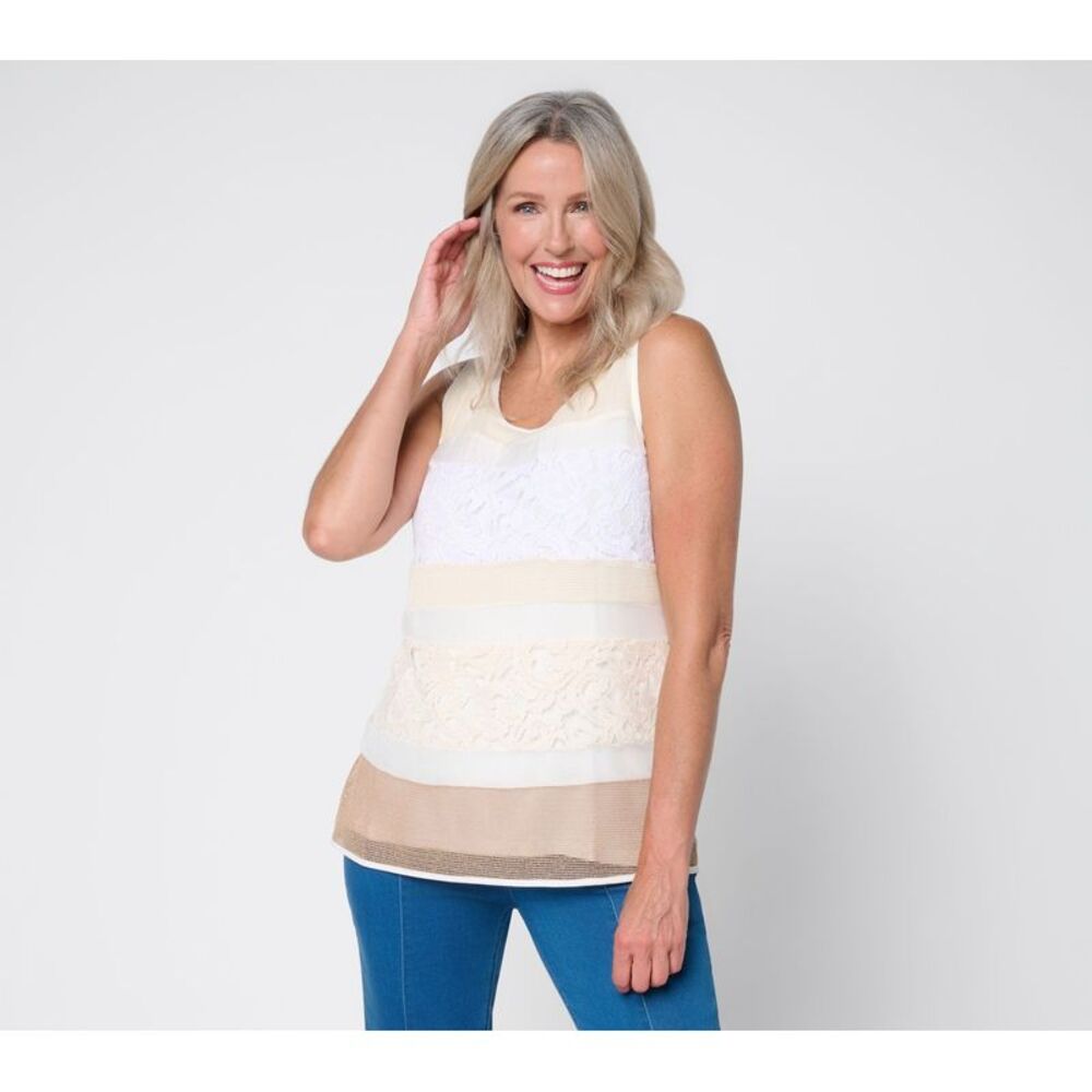 Susan Graver Women's Top Sz L Mixed Media Lace Crochet Tank Brown